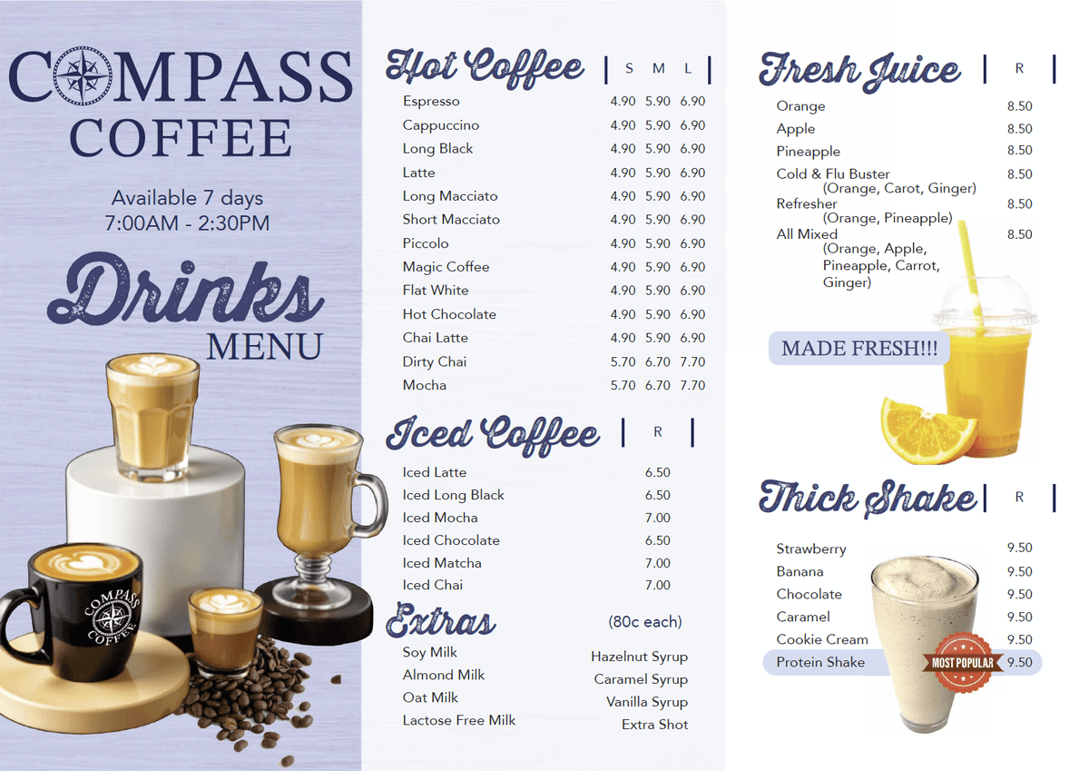 Compass Coffee drink menu design