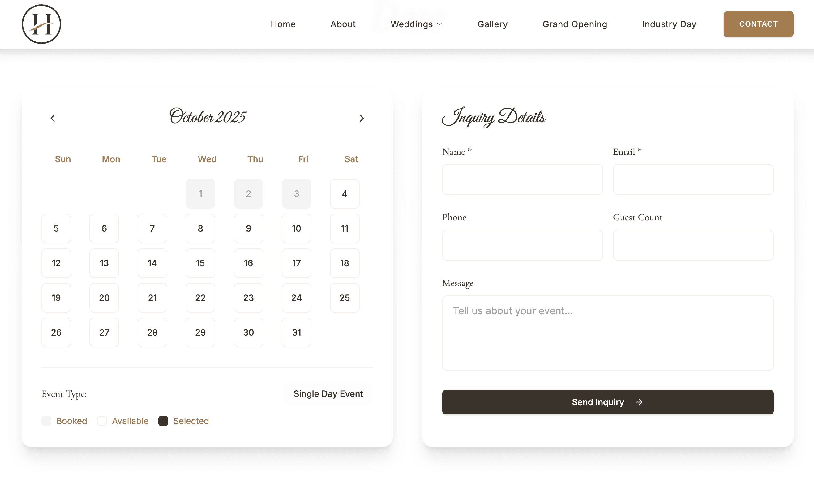 Hilltop Estate smart booking calendar showing real-time availability