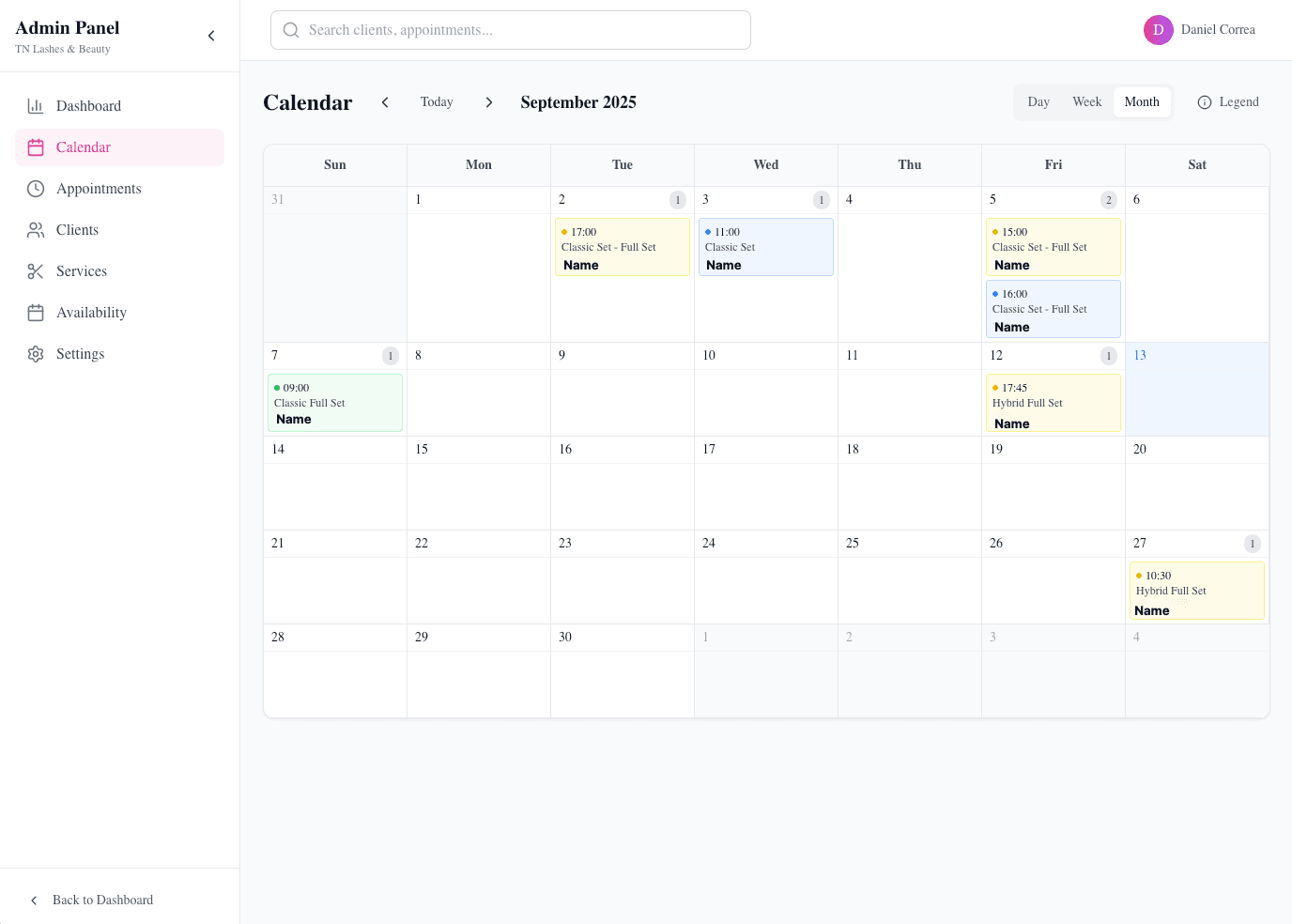 Admin dashboard with calendar management