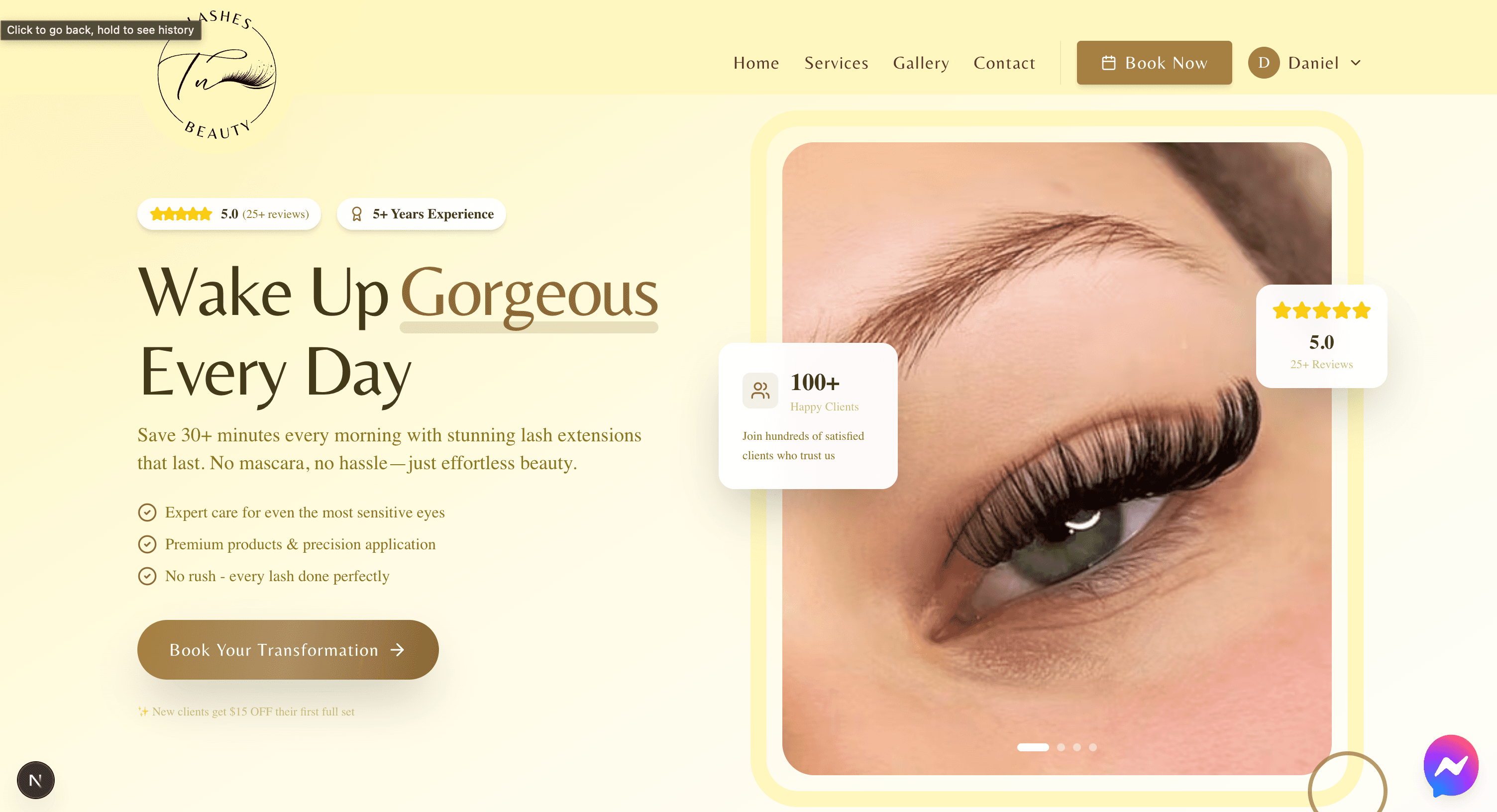 TN Lashes & Beauty Gold Coast - Custom web application showing online booking system for lash, brow and waxing services with Stripe payment integration